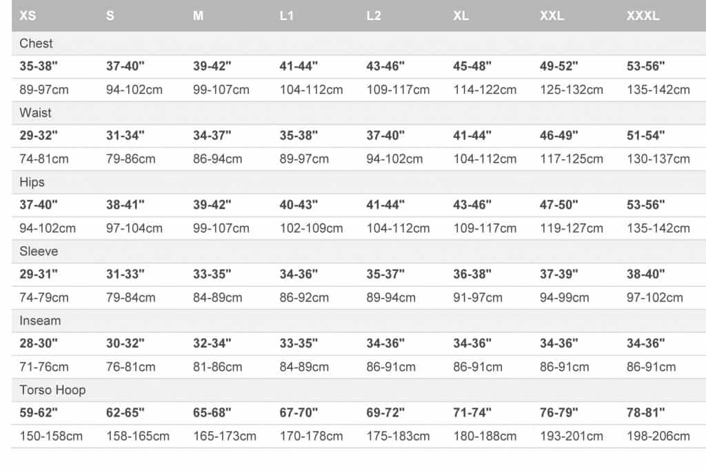 Mustang Thermal Base Layer Sentinal Series Sizing chart